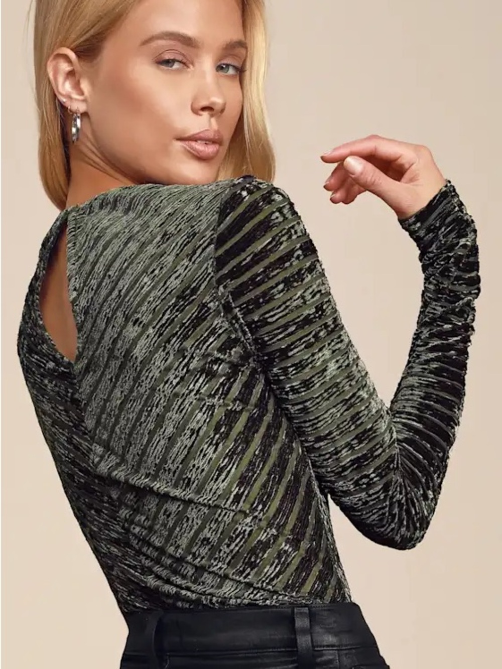 Save the Date Olive Green Velvet-Mesh Striped Long Sleeve Bodysuit / Medium